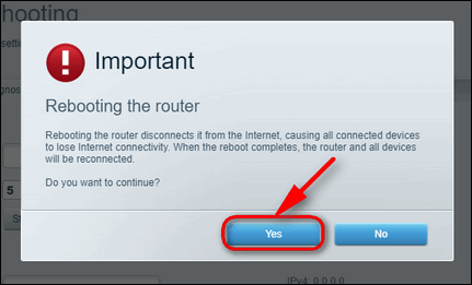 click yes to reboot LinkSys router