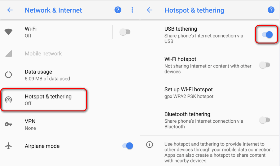 set up USB tethering on Android 8.1