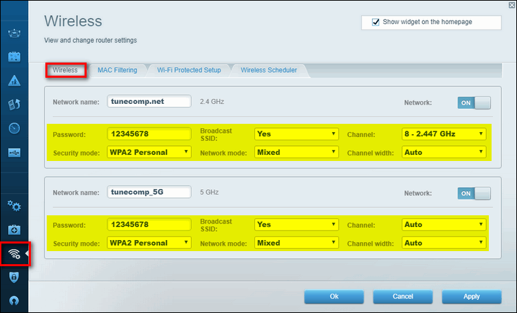 wireless settings on router