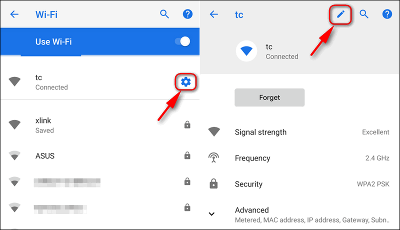 Modify Wi-Fi network settings Android 9