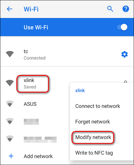 modify saved Wi-Fi network settings Android 9