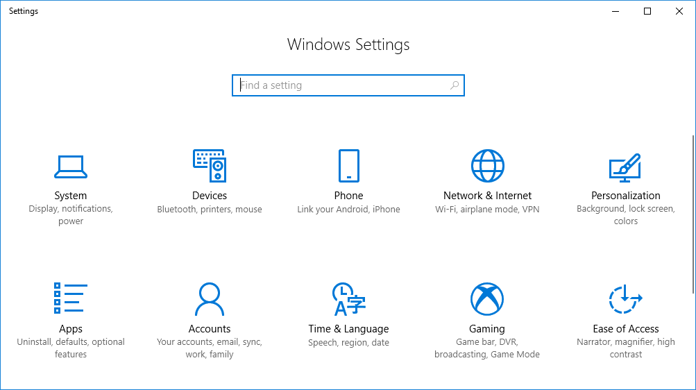 settings Windows 10 fall creators update