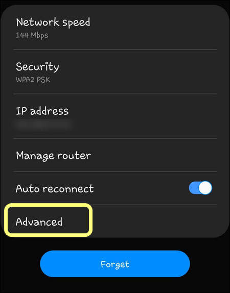Advanced Wi-Fi settings Galaxy S10 One UI