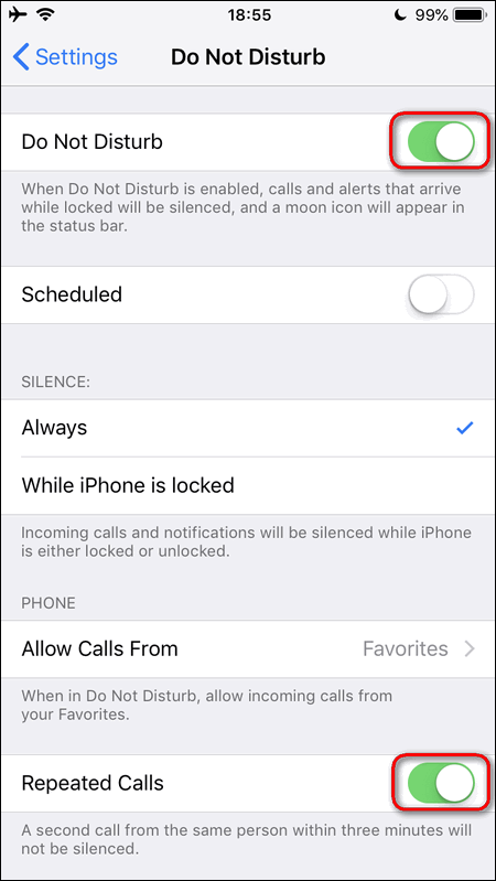 Do Not Disturb+Repeated Callers iOS 12 iPhone