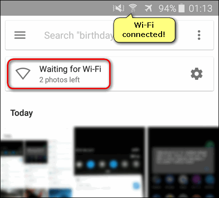 Google Photos waiting for Wi-Fi while Wi-Fi connected