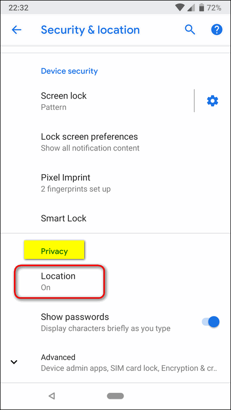 android 9 location settings
