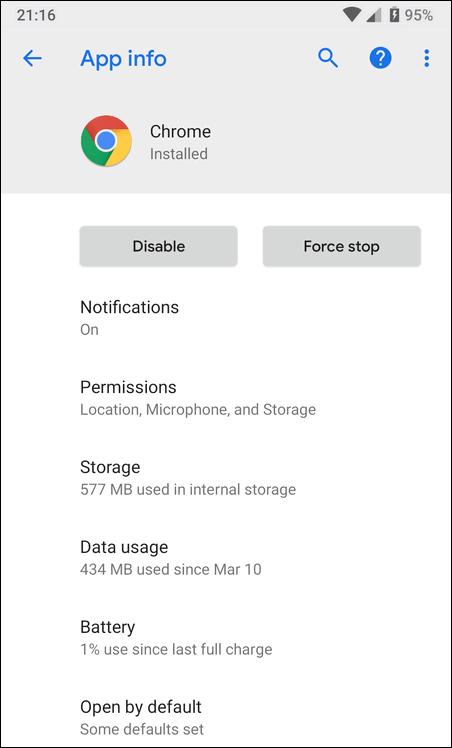 chrome app info Android 9