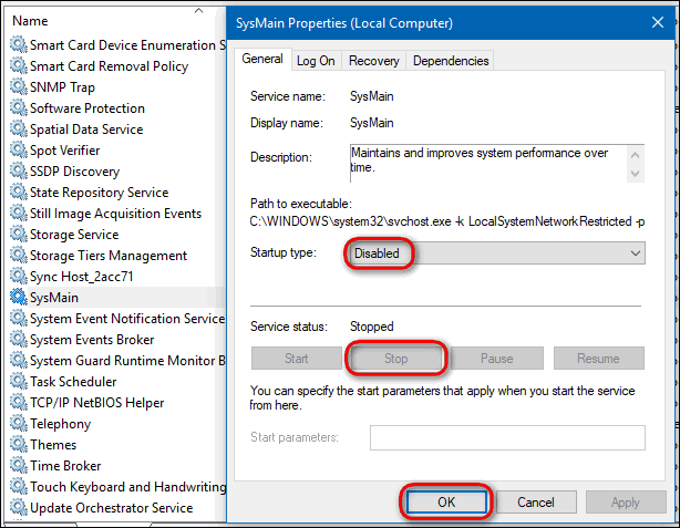 disable superfetch SysMain Windows 10