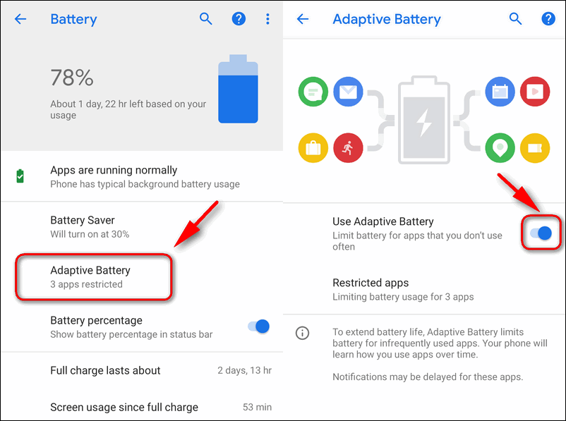 enable adaptive battery on Android 9