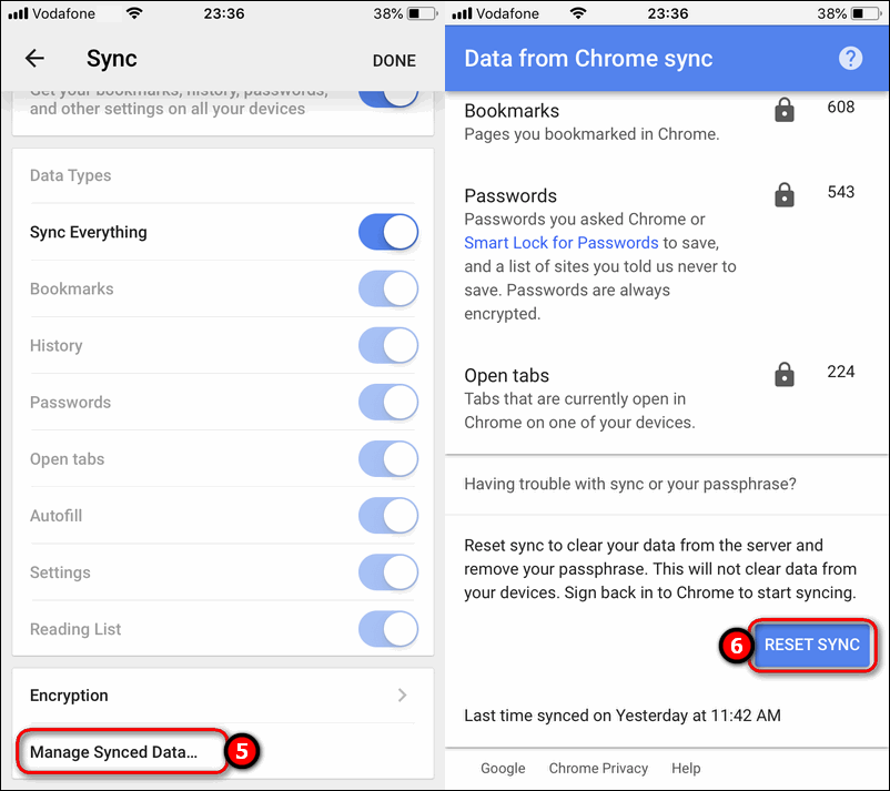 reset sync passphrase in Chrome for mobile