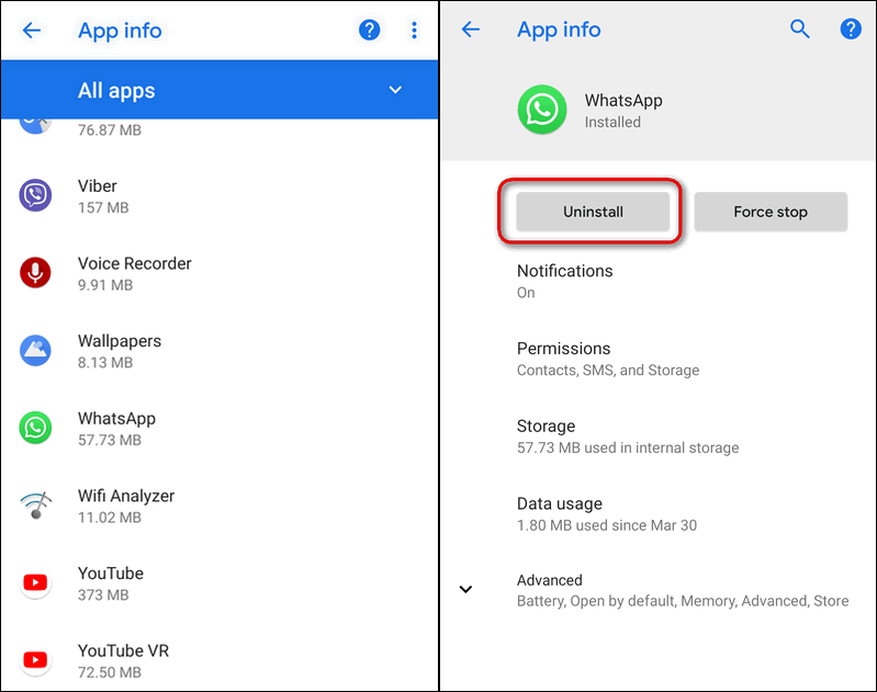 uninstall app in app manager Android 9