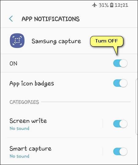 Disable notifications Samsung Capture