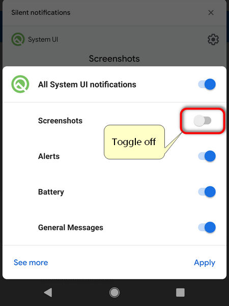 Toggle off screenshot notifications Android 10