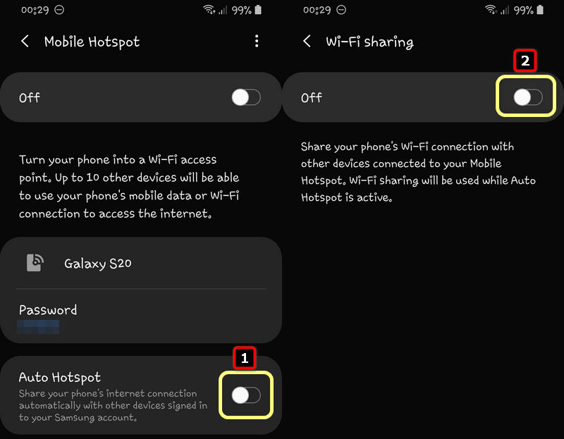 Disable Wi-Fi Sharing on Galaxy S20