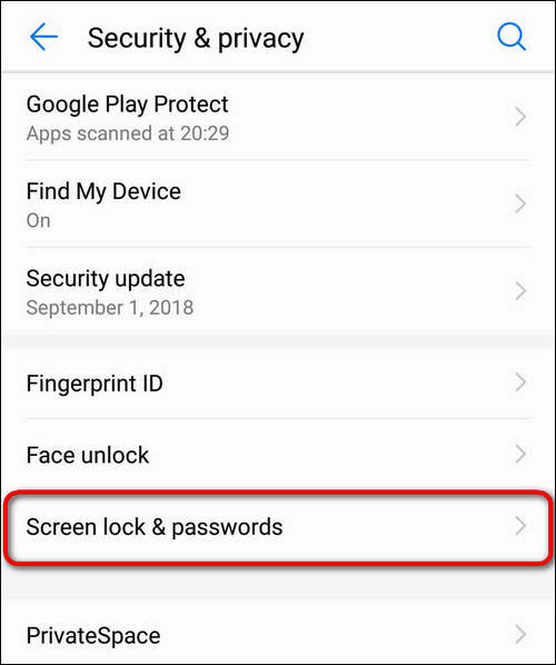Screen lock & passwords Settings Huawei