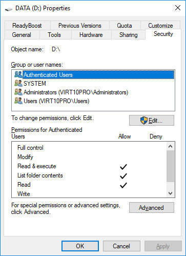 default user permissions settings on the security tab Windows 10