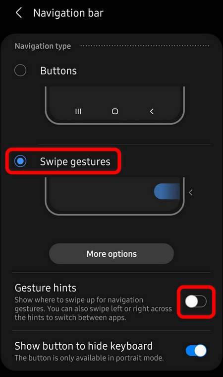 Hide navigation bar keys use swipe gestures One UI 3.1