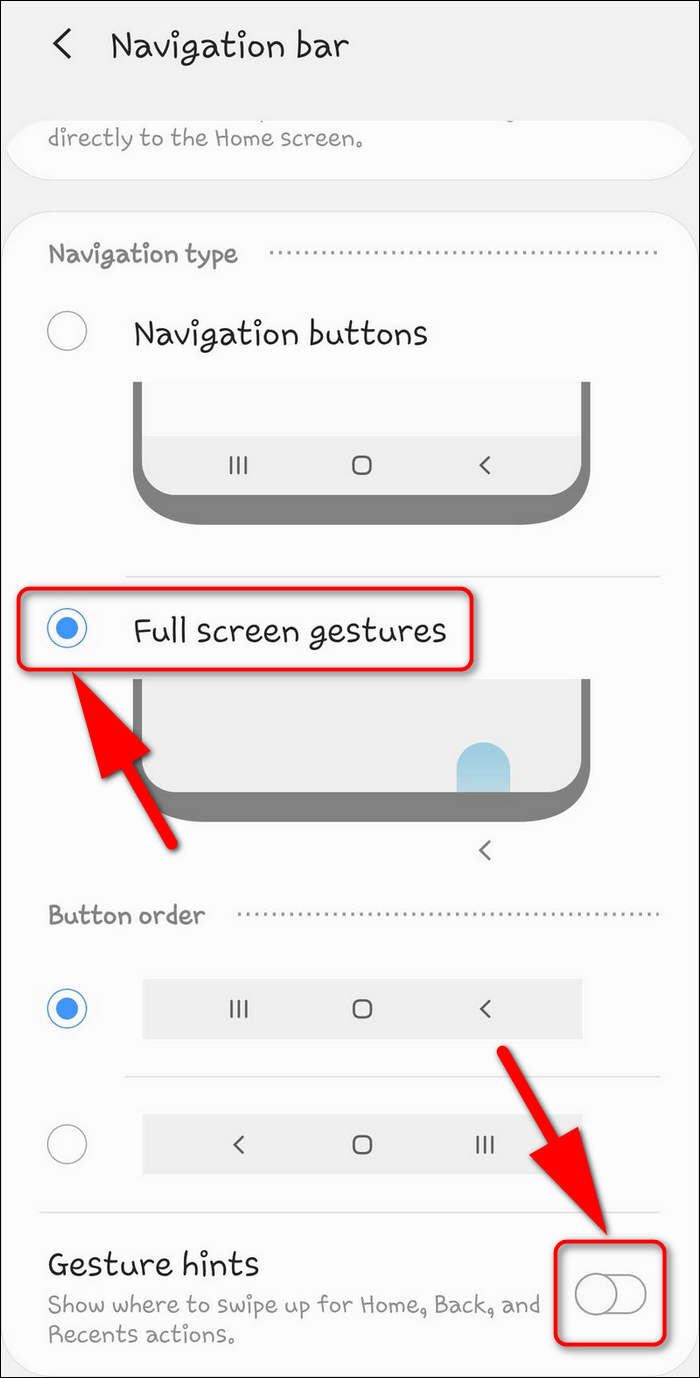 Navigation type full screen gestures Galaxy S9