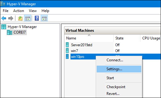 Virtual Machine Settings Hyper-V Manager