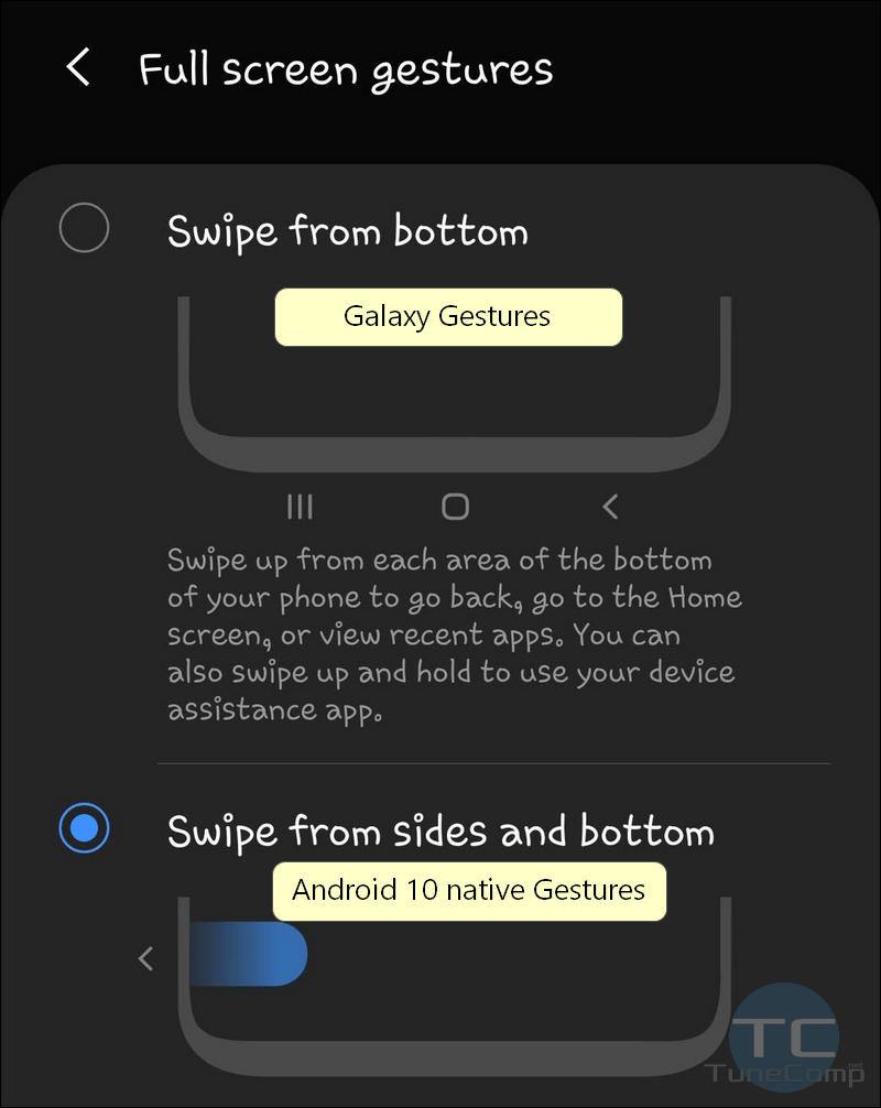 choose between Galaxy's gestures and Android 10 full gestures