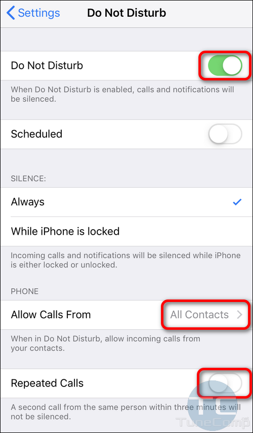 Do Not Disturb iPhone reject all callers except contacts