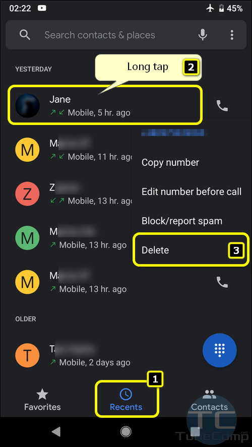 delete caller from Recents