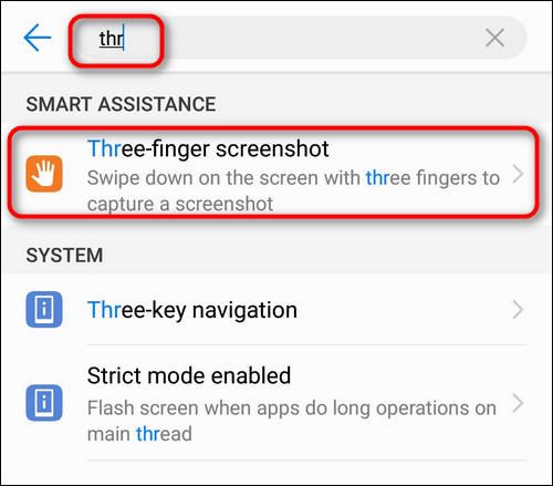 search for three-finger screenshot in settings Huawei