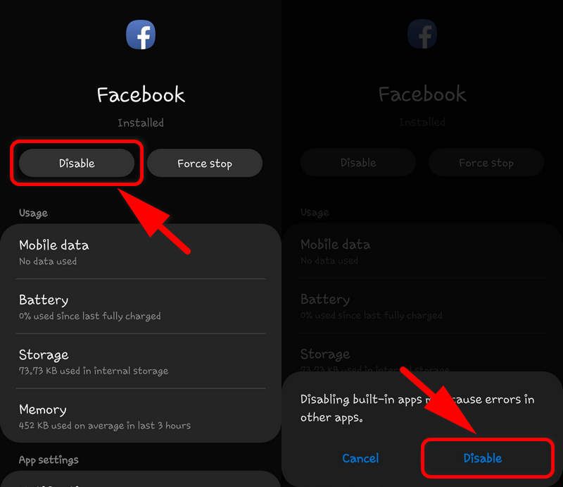 disable facebook app Galaxy S10, S9
