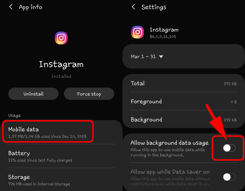 turn off background mobile data for Instagram