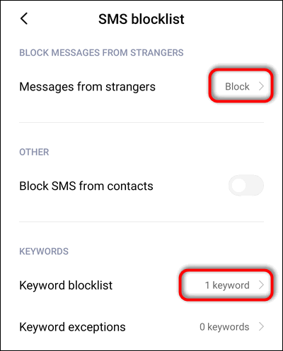 block messages in Xiaomi