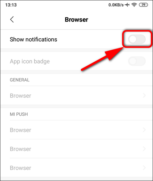 Disable all notifications for Xiaomi MI Browser MIUI 10 Android