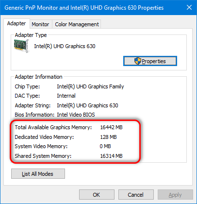 Check VRAM size (dedicated system video and shared memory) in Windows 10