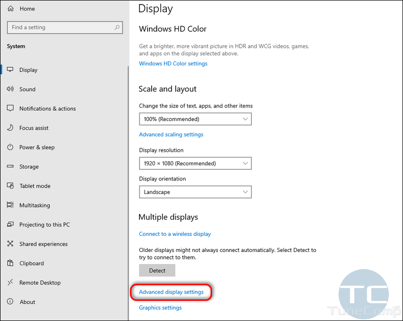 advanced display settings Windows 10
