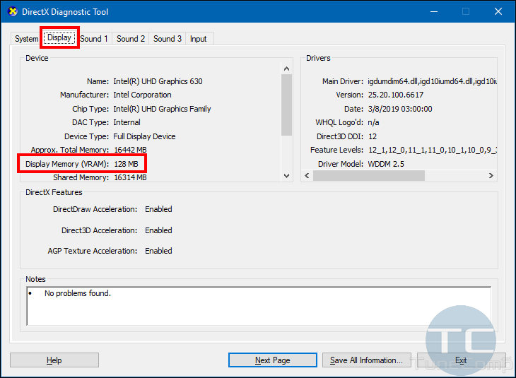 Check VRAM in Windows 10 DirectX Diagnostic Tool