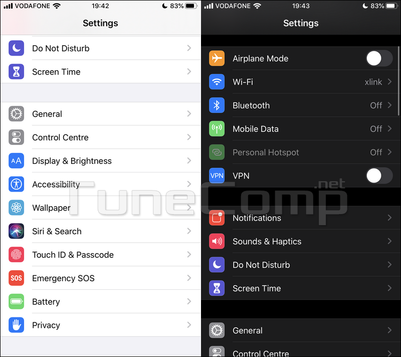 dark mode (dark appearance) iPhone Settings iOS 13