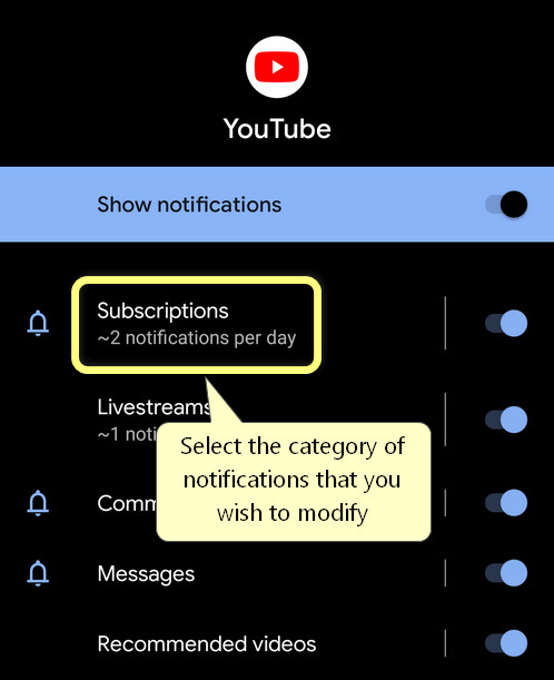 Select the category of notifications that you wish to modify
