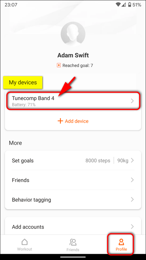 Select your Mi Band in My devices