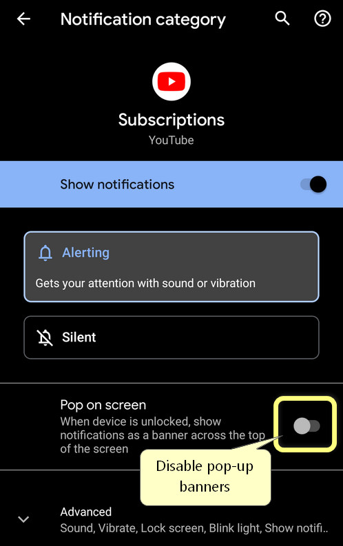 disable pop-up banners for certain category of notifications
