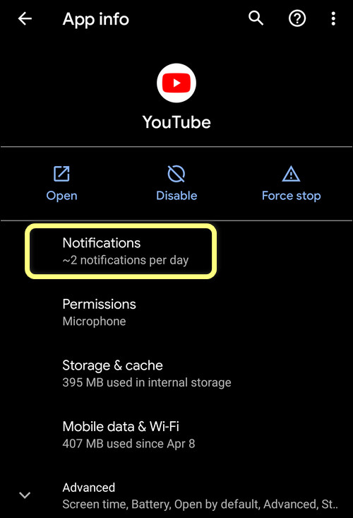 modify notifications settings for an app on Android