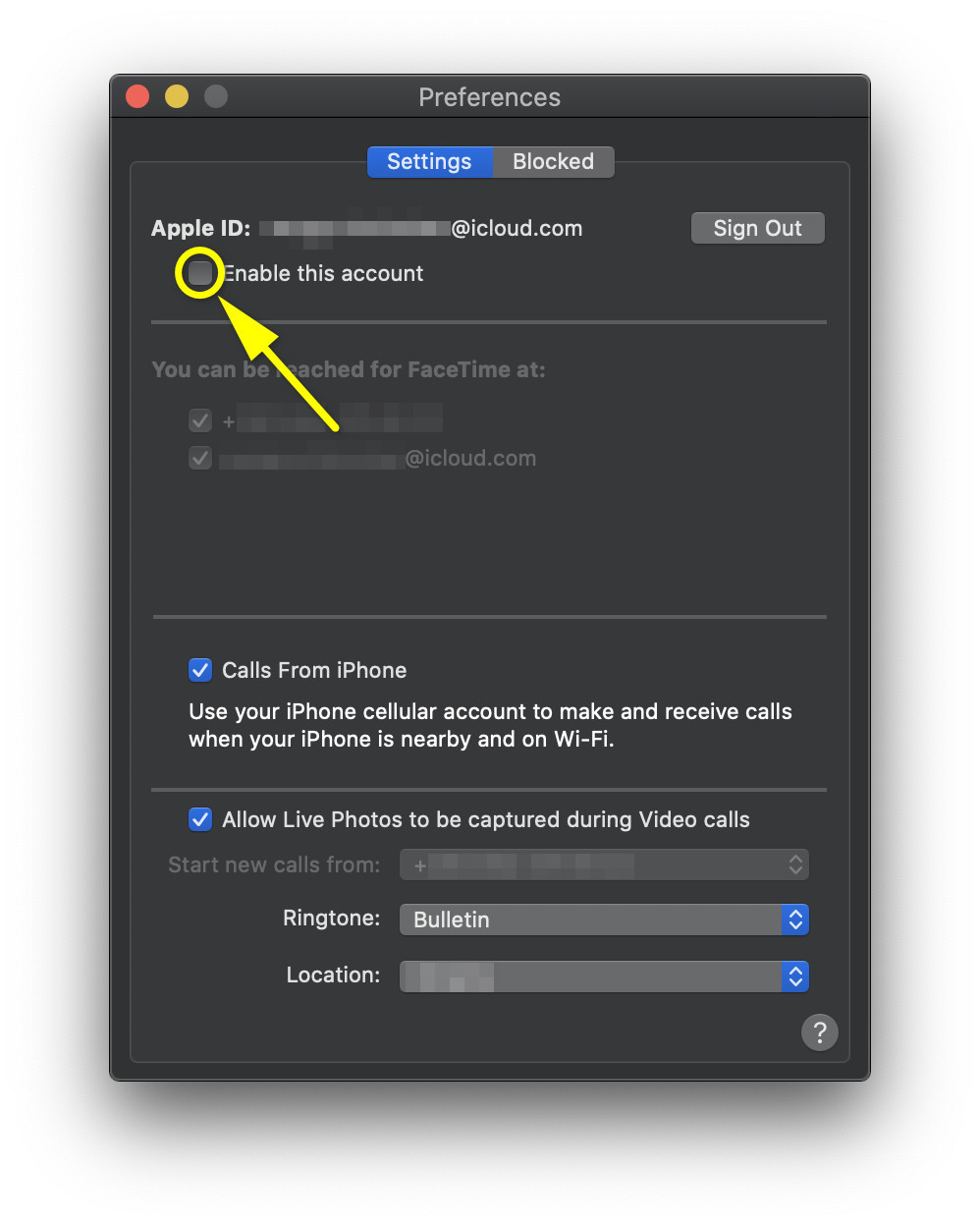 uncheck Enable this account to turn off Facetime on Mac