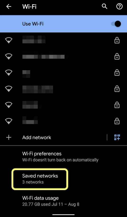Saved Wi-Fi networks on Android 10