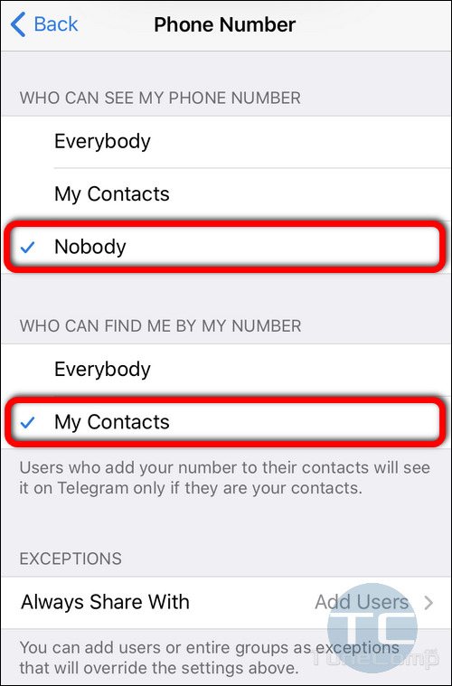 Hide phone number in Telegram for iOS
