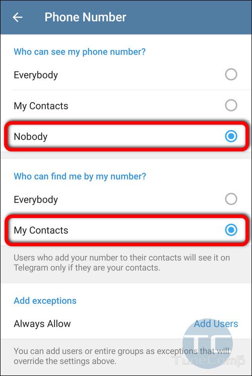 Hide phone number in Telegram on Android