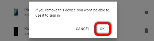 confirm removing a device from Google prompt list