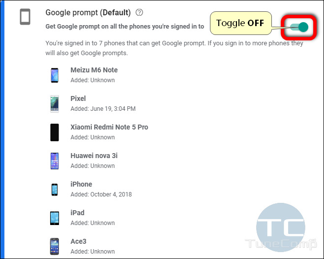 toggle off 2-step verification prompt on all devices