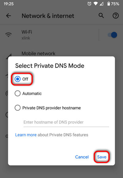 Turn off Private DNS mode