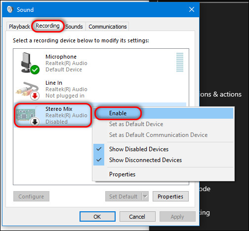 Enable Stereo Mix in Recording Devices Windows 10
