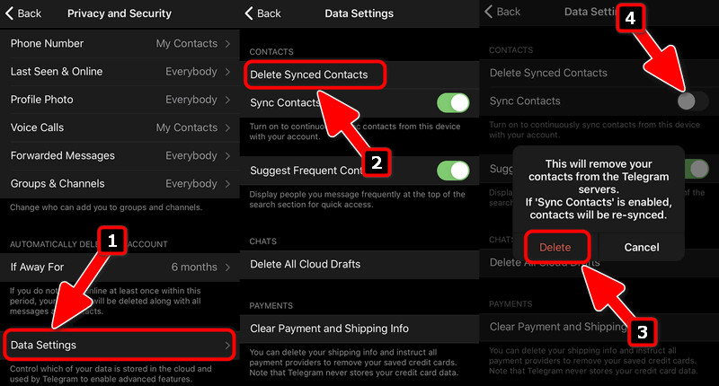 Delete synced contacts Telegram iOS 13