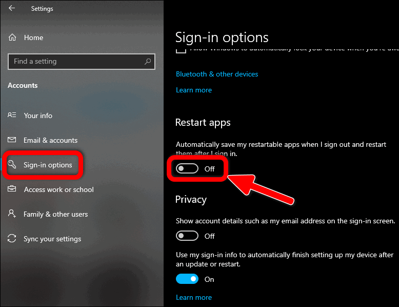 Disable Apps Restarting in Windows 10