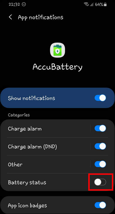 Disable Battery Status notifications in AccuBattery on Galaxy OneUI 2.1